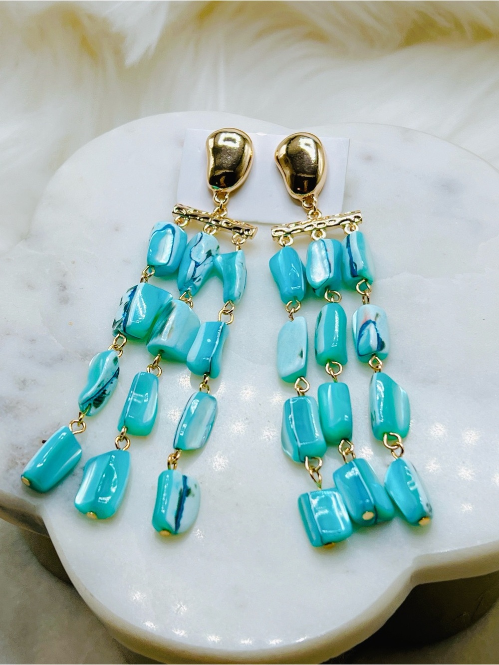 Teal blue abalone 4” gold plated earrings